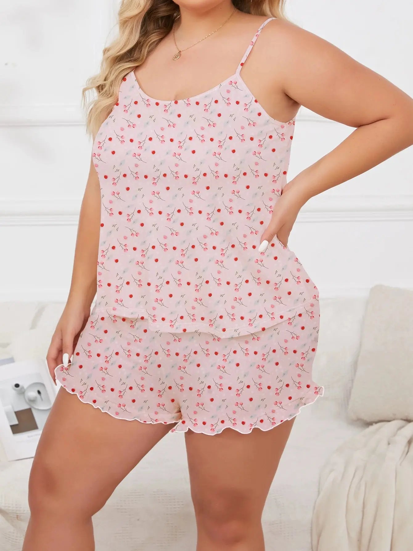 Pyjama grande taille bretelles d'été,deux pièces, vêtements de maison