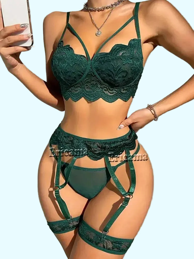 Ensemble lingerie dentelle érotique trois pieces Sexy pour les femmes