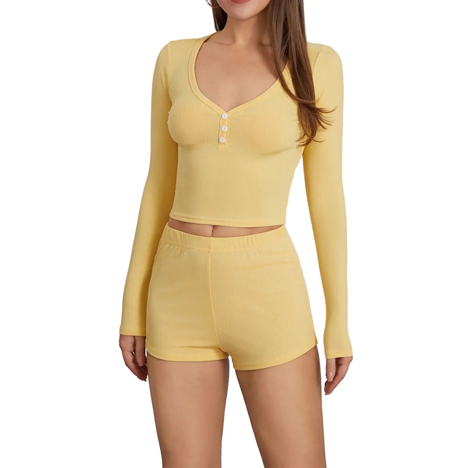 pyjama 2 pièces manches longues, col V, boutons, vetement de nuit