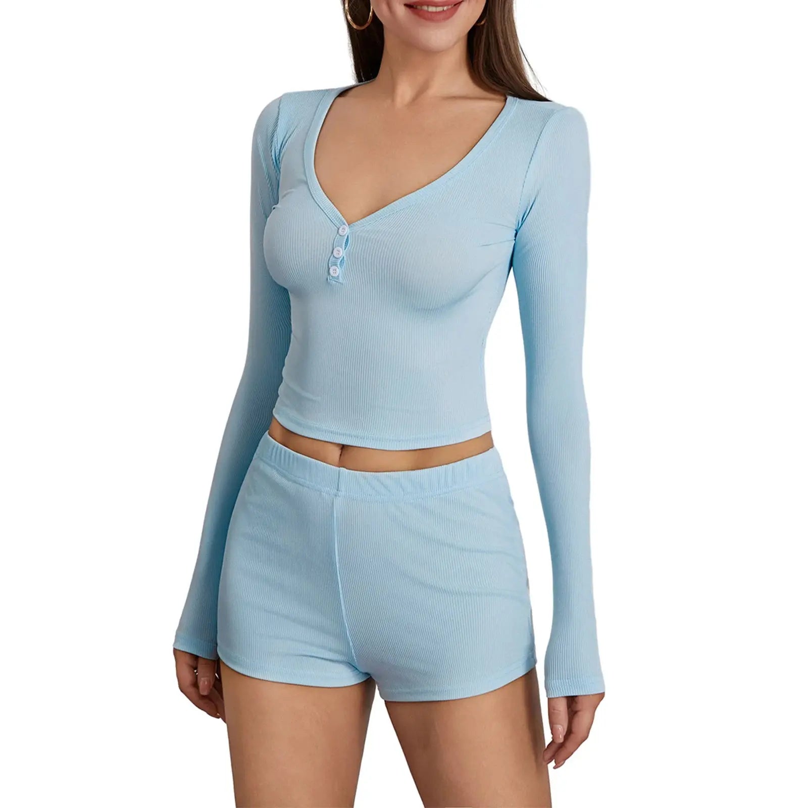 pyjama 2 pièces manches longues, col V, boutons, vetement de nuit