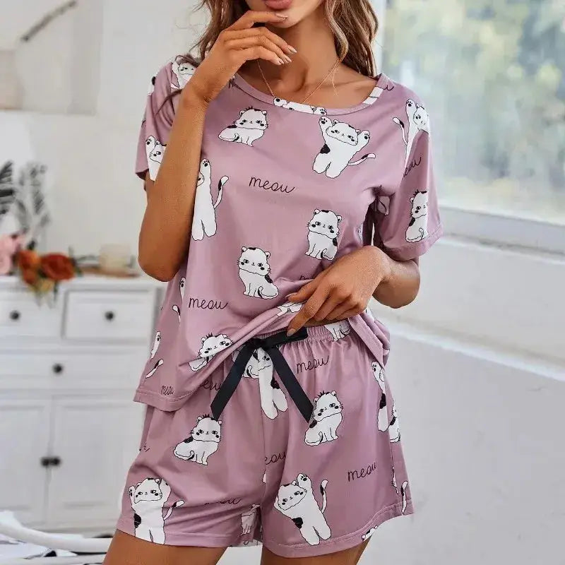 pyjama imprimé dessin animé, T-Shirt à manches courtes et Short