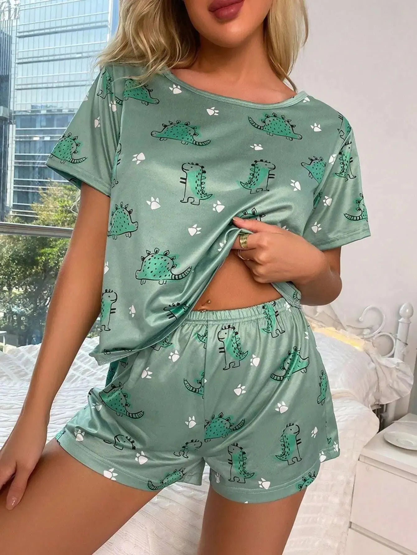 pyjama imprimé dessin animé, T-Shirt à manches courtes et Short