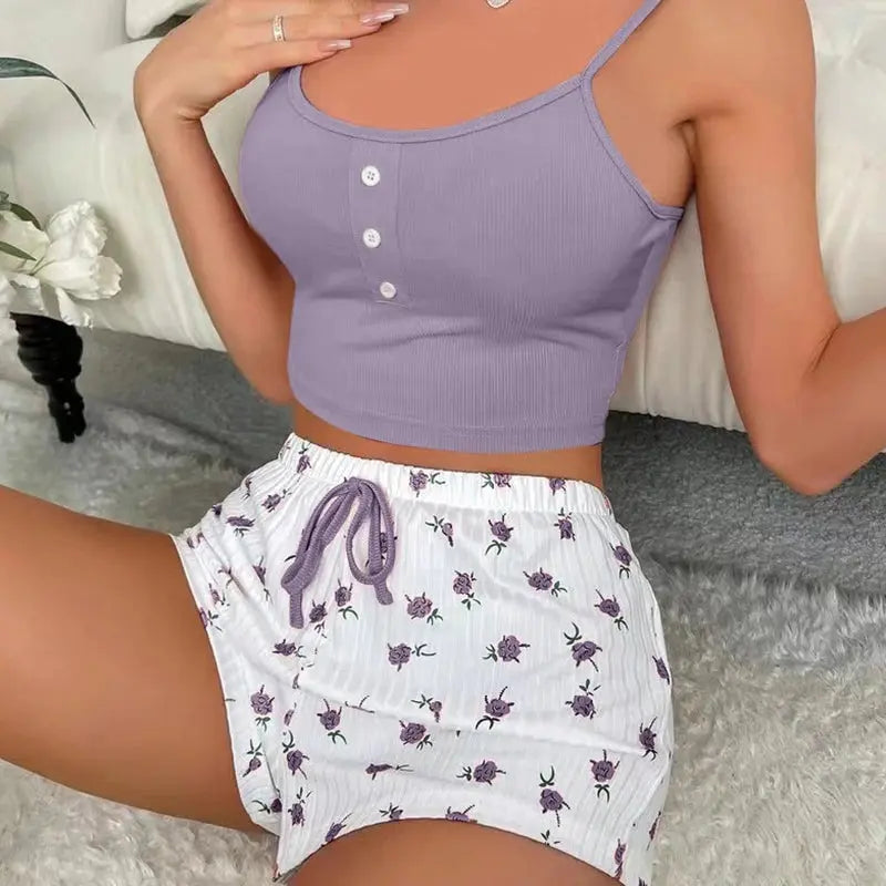 Ensemble pyjama et short pour femmes, sous-vêtements de nuit - maison