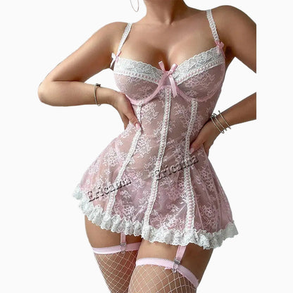 Ensemble de lingerie érotique en dentelle et maille avec jarretelles Lingeries et accessoires annie