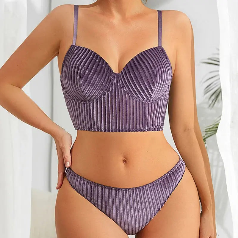 Ensemble soutien-gorge et slip côtelé à armatures, sous vetement femme