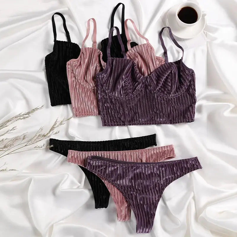 Ensemble soutien-gorge et slip côtelé à armatures, sous vetement femme