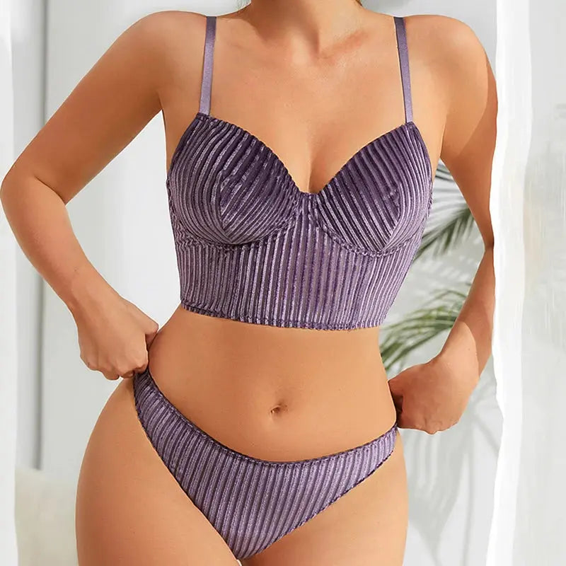 Ensemble soutien-gorge et slip côtelé à armatures, sous vetement femme