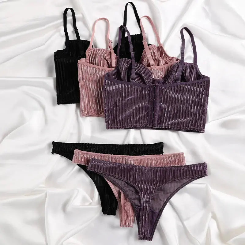 Ensemble soutien-gorge et slip côtelé à armatures, sous vetement femme