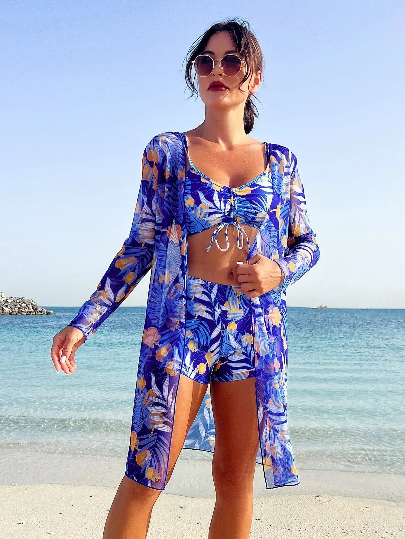 Maillot de bain femme trois pièces culotte taille haute