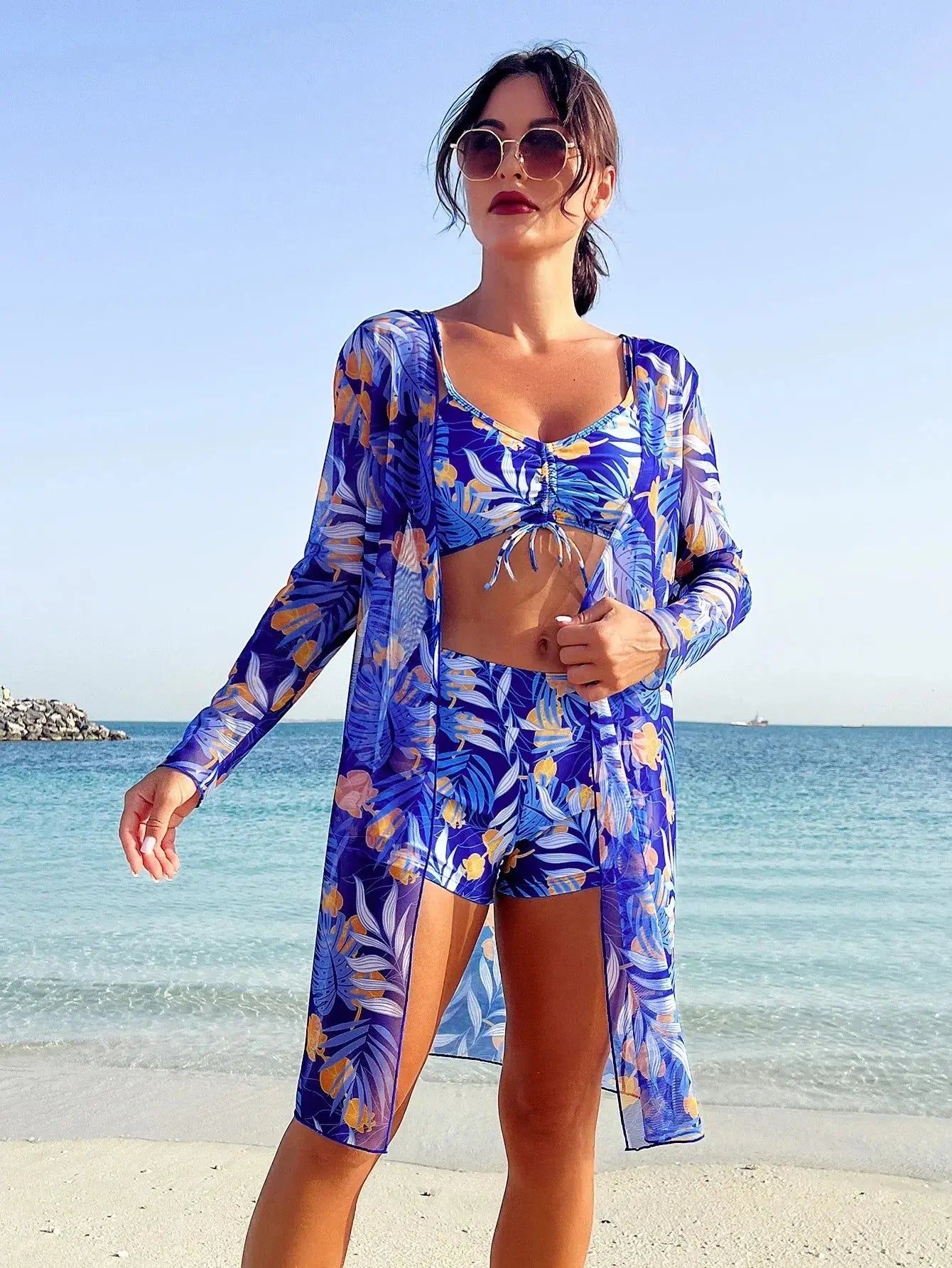 Maillot de bain femme trois pièces culotte taille haute