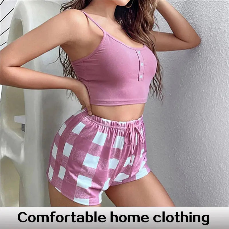 Nouveau deux pièces pyjamas femmes haut à bretelles, pyjamas d'été