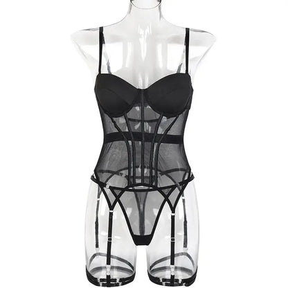 Ensemble de Lingerie trois pièces avec jarretelles, bodysuit Sexy femme