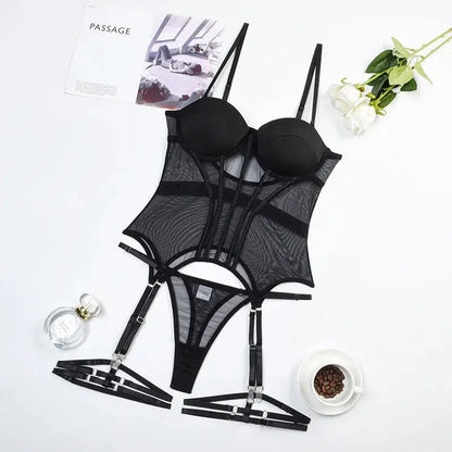 Ensemble de Lingerie trois pièces avec jarretelles, bodysuit Sexy femme