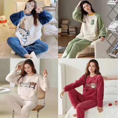 Pyjama chaud épais en flanelle femme, en velours corail, d'hiver