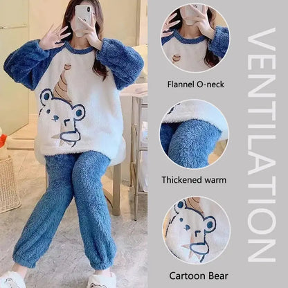 Pyjama chaud épais en flanelle femme, en velours corail, d'hiver