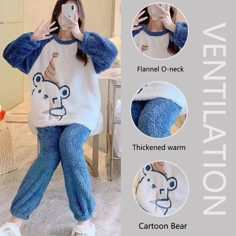 Pyjama chaud épais en flanelle femme, en velours corail, d'hiver