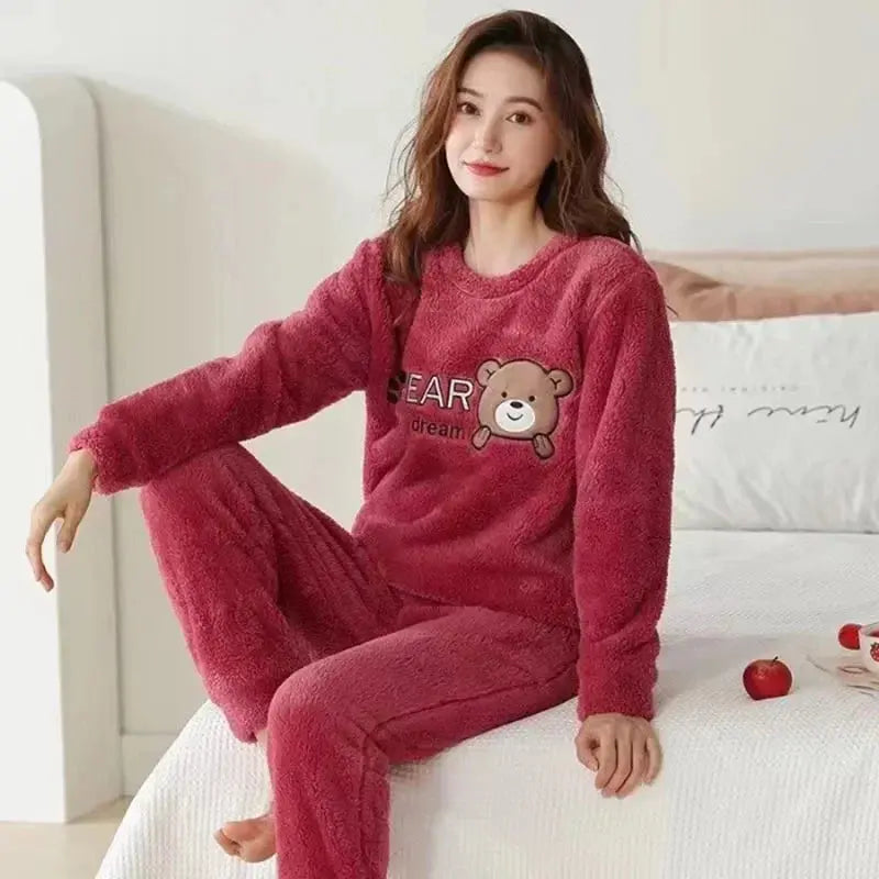 Pyjama chaud épais en flanelle femme, en velours corail, d'hiver