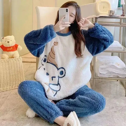 Pyjama chaud épais en flanelle femme, en velours corail, d'hiver