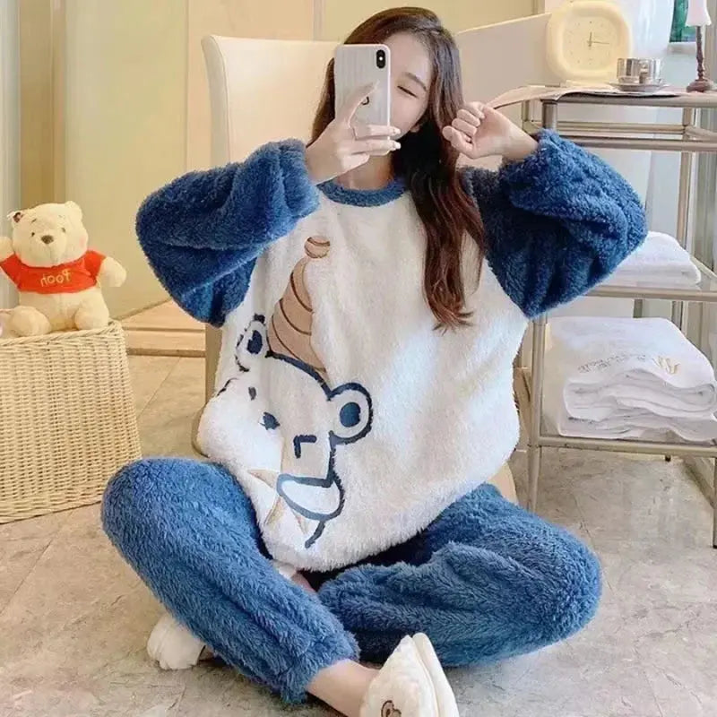 Pyjama chaud épais en flanelle femme, en velours corail, d'hiver