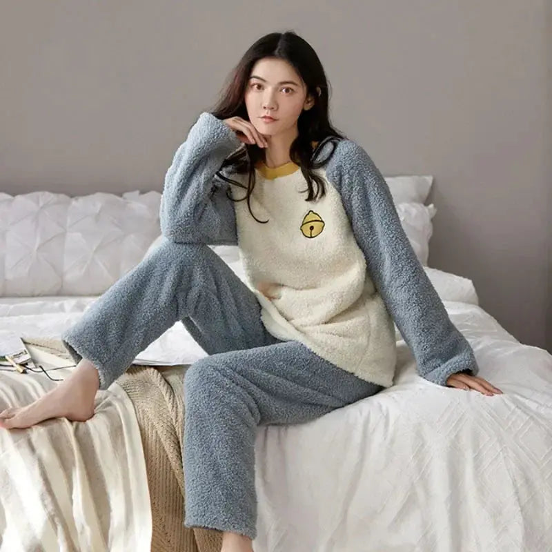 Pyjama chaud épais en flanelle femme, en velours corail, d'hiver