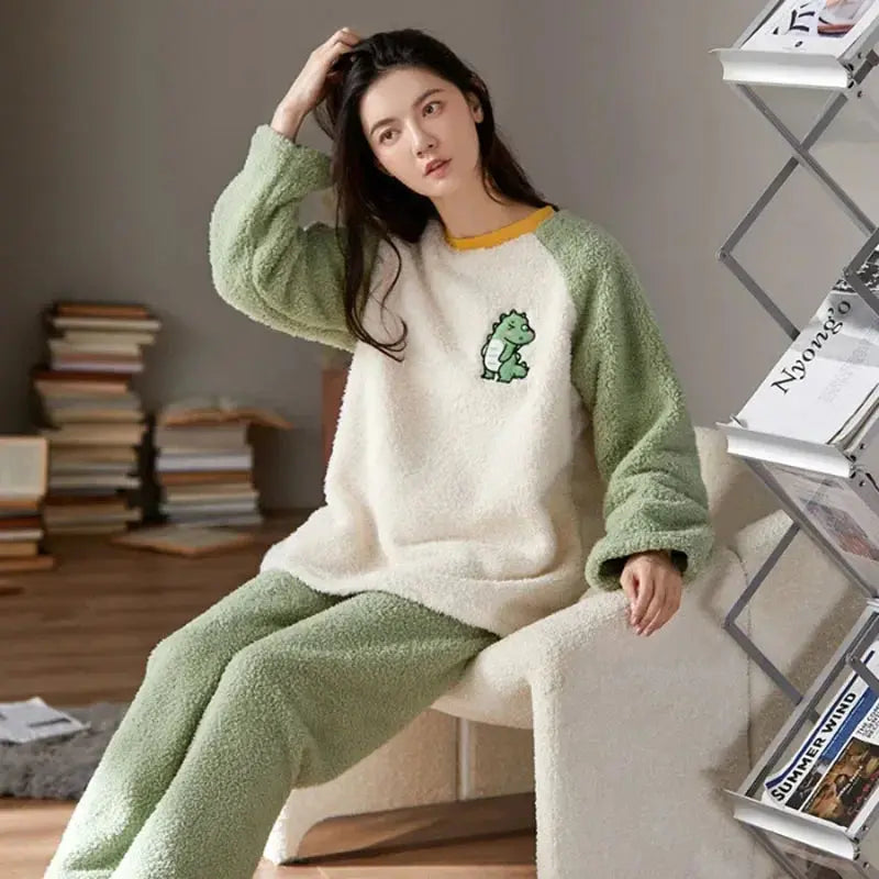 Pyjama chaud épais en flanelle femme, en velours corail, d'hiver