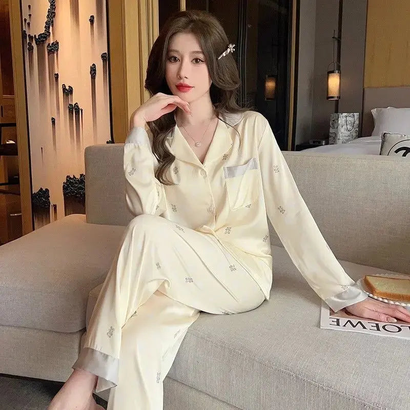Pyjama à manches longues boutonné pour femmes, soie glacée