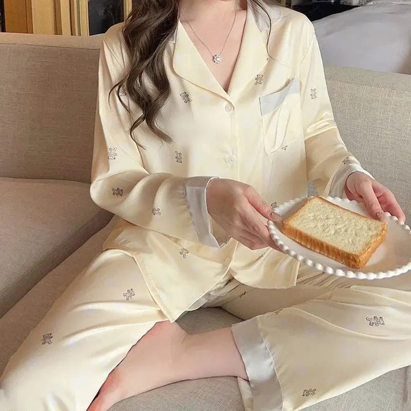Pyjama à manches longues boutonné pour femmes, soie glacée