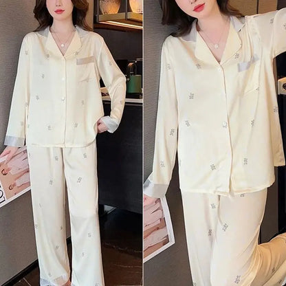 Pyjama à manches longues boutonné pour femmes, soie glacée