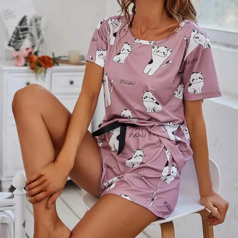 pyjama imprimé dessin animé, T-Shirt à manches courtes et Short