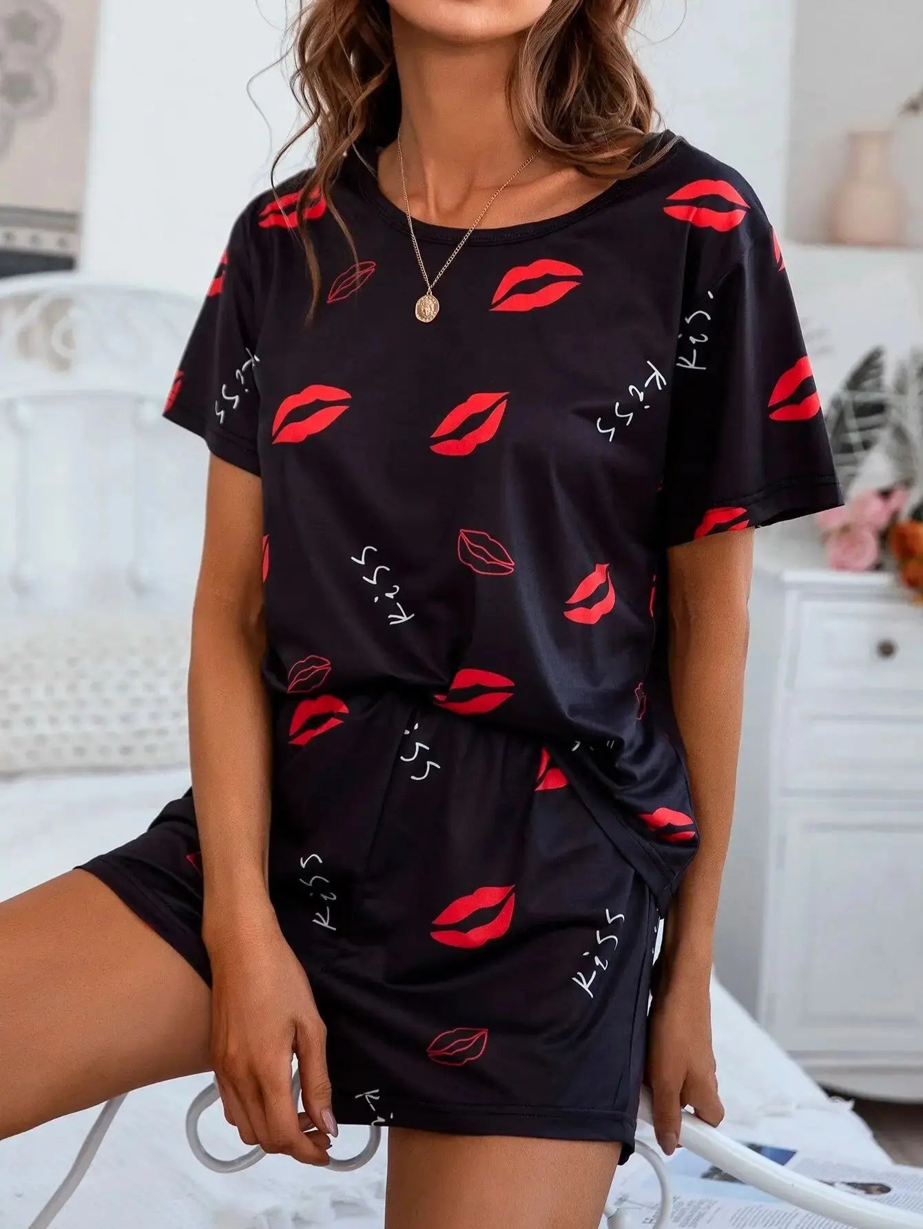 pyjama imprimé dessin animé, T-Shirt à manches courtes et Short