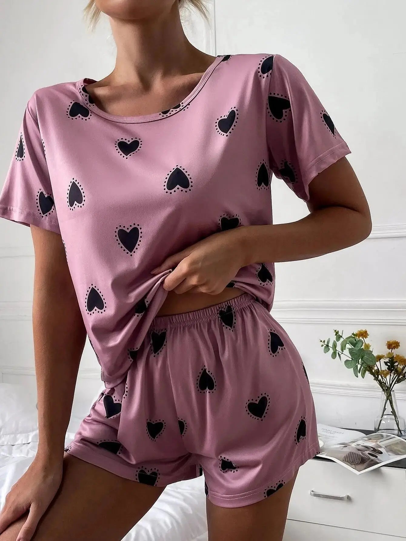 pyjama imprimé dessin animé, T-Shirt à manches courtes et Short