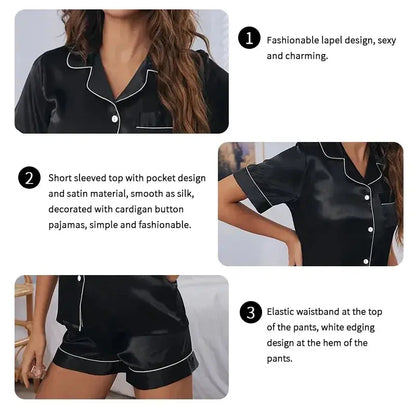 pyjama 2 pièces  Satin boutonné, hauts et shorts, vêtements de nuit