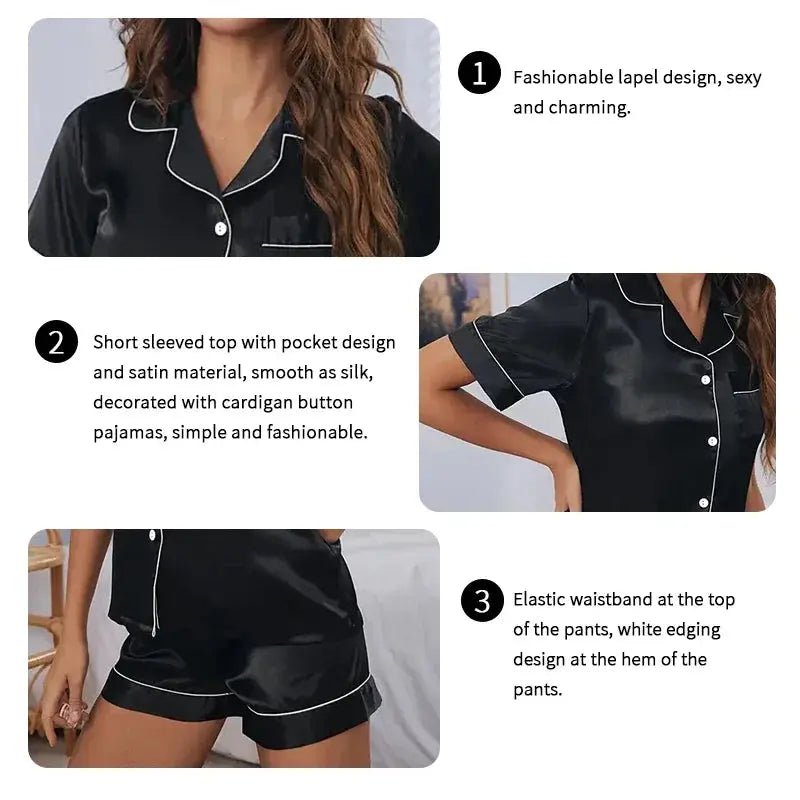 pyjama 2 pièces  Satin boutonné, hauts et shorts, vêtements de nuit