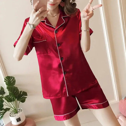 pyjama 2 pièces  Satin boutonné, hauts et shorts, vêtements de nuit