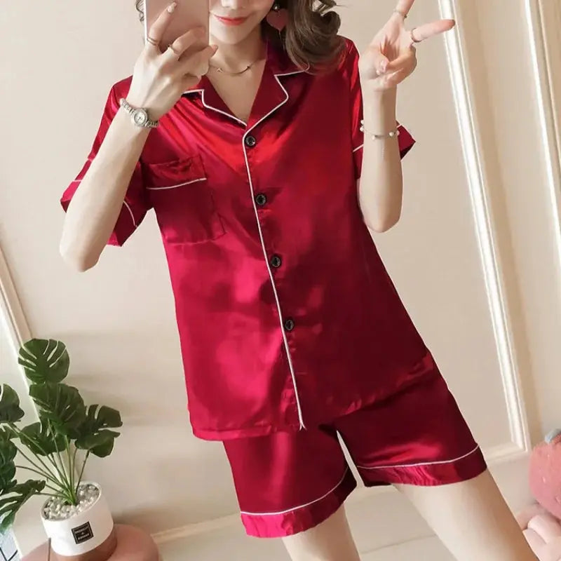 pyjama 2 pièces  Satin boutonné, hauts et shorts, vêtements de nuit