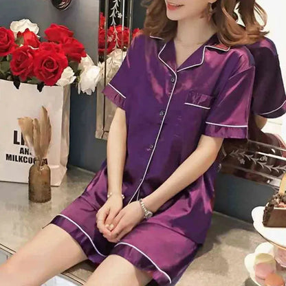 pyjama 2 pièces  Satin boutonné, hauts et shorts, vêtements de nuit