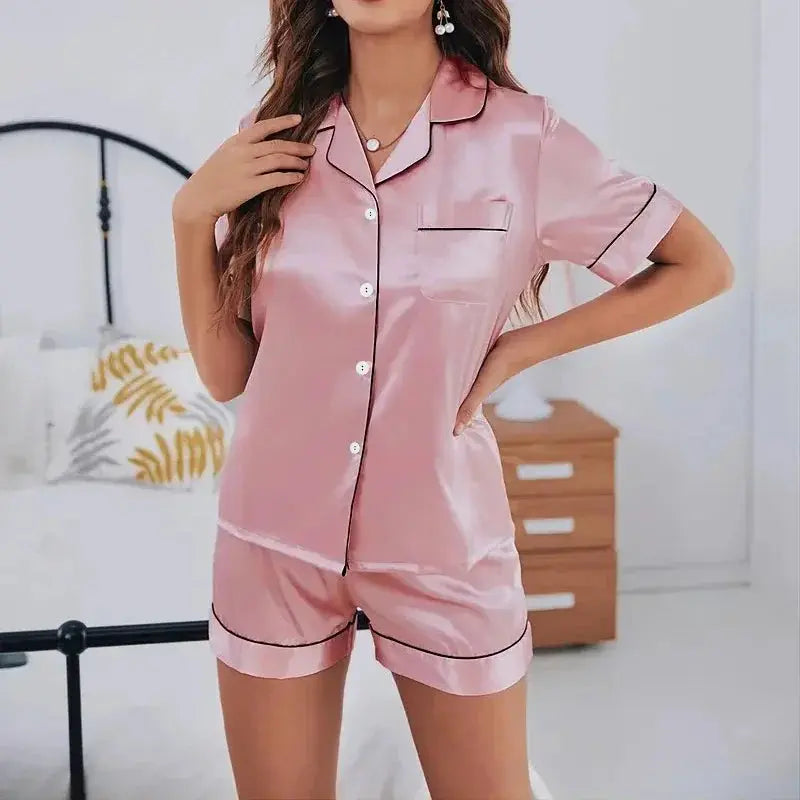 pyjama 2 pièces  Satin boutonné, hauts et shorts, vêtements de nuit