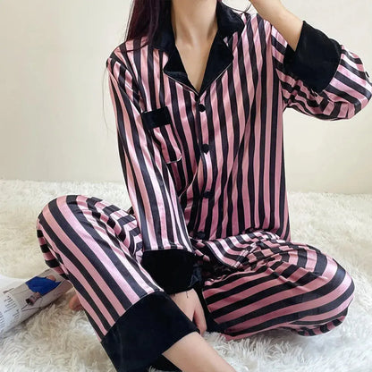 Pyjama rayé en Satin, manches longues, boutons printemps-automne