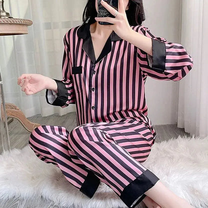 Pyjama rayé en Satin, manches longues, boutons printemps-automne