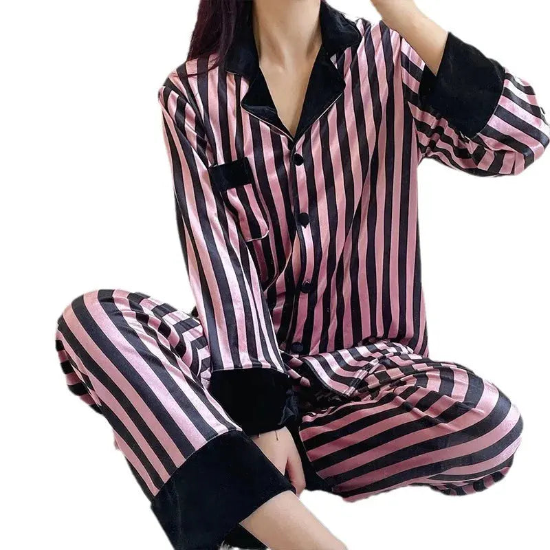 Pyjama rayé en Satin, manches longues, boutons printemps-automne